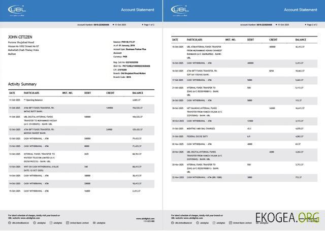 Relevé de compte Pakistan United Bank Limited Modèle Word et PDF, 2 pages